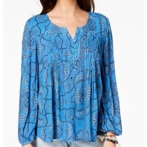 Style & Co Pintucked Top Womens XL Blue Floral Flowy V-Neck Peasant Popover